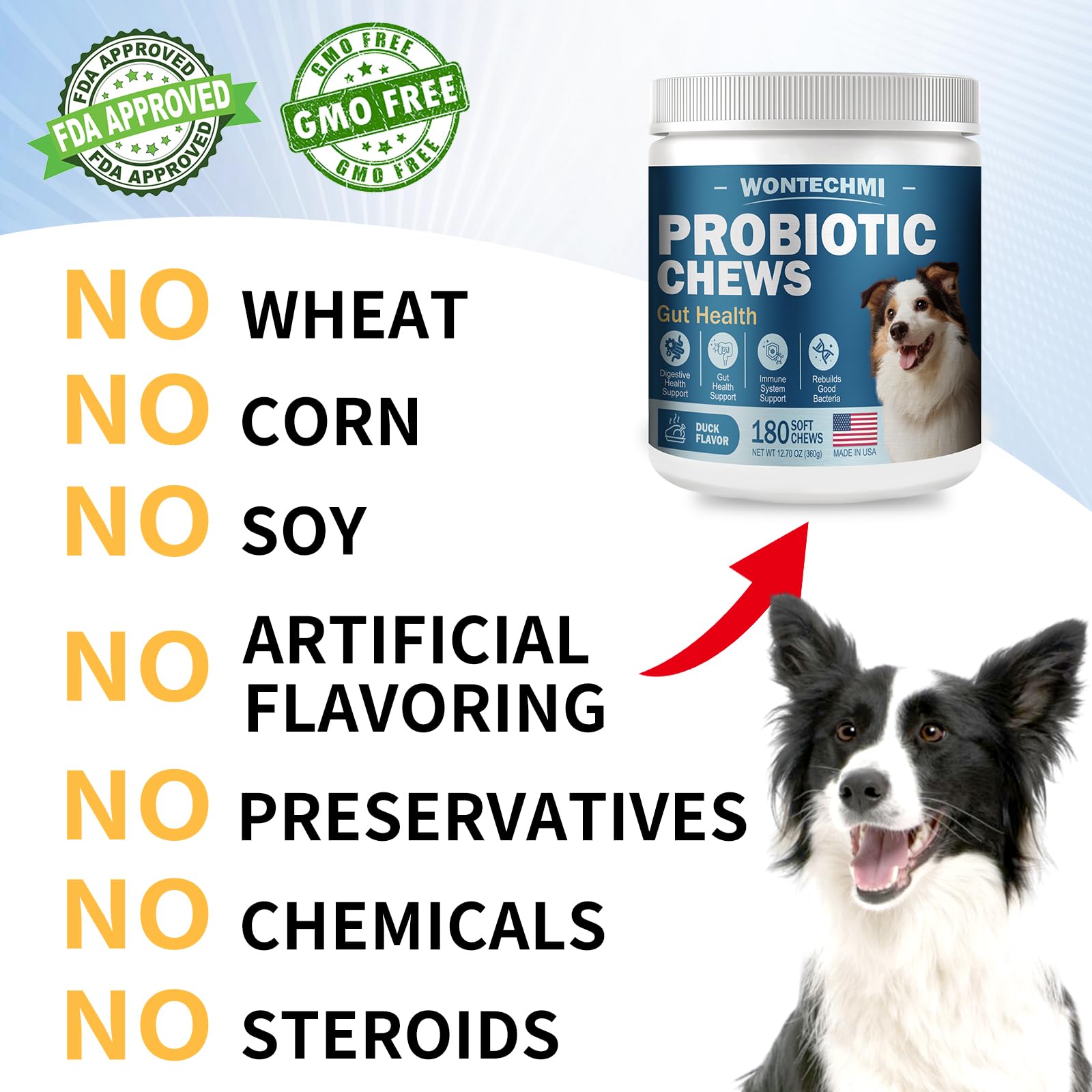 WONTECHMI USA-made label on dog probiotic packaging, natural ingredients emphasized.