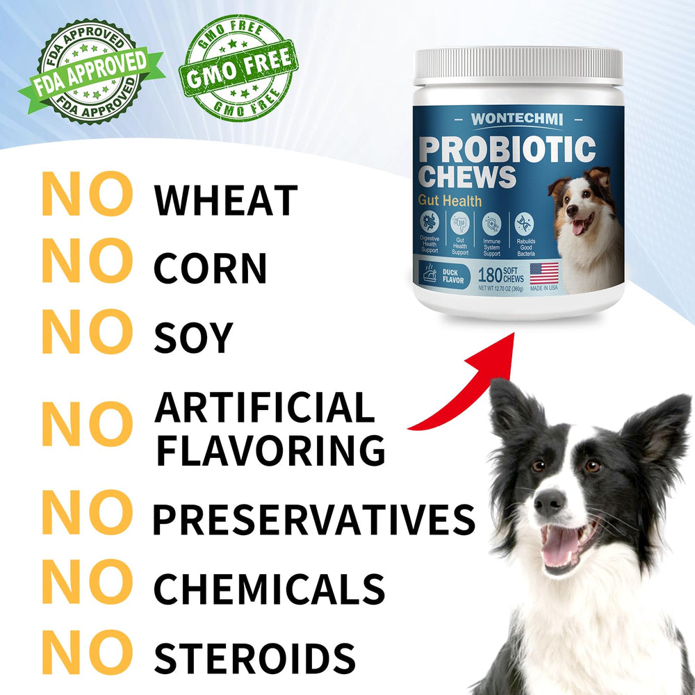WONTECHMI USA-made label on dog probiotic packaging, natural ingredients emphasized.