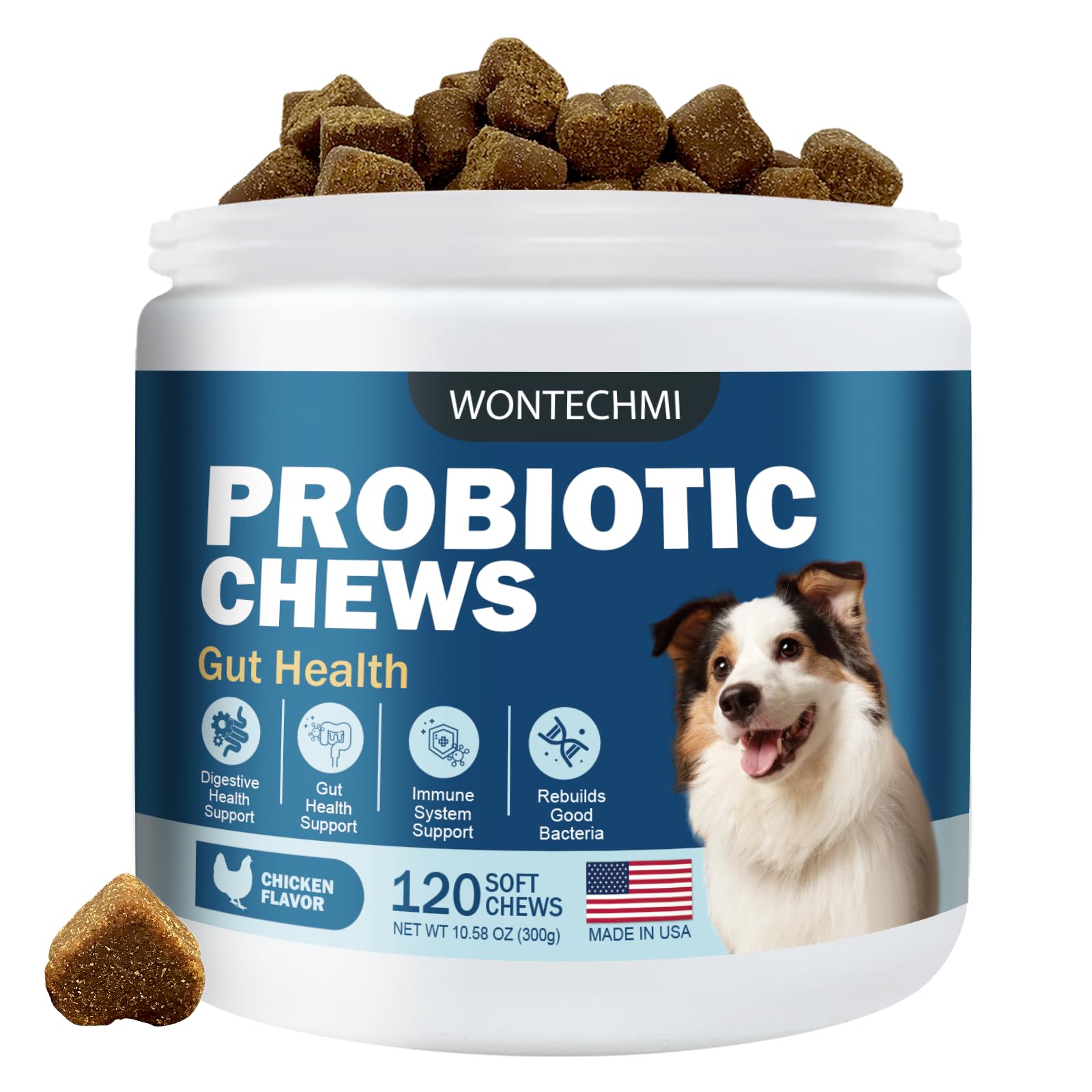 WONTECHMI Probiotics for Dogs chicken chews bottle for easy daily gut support.