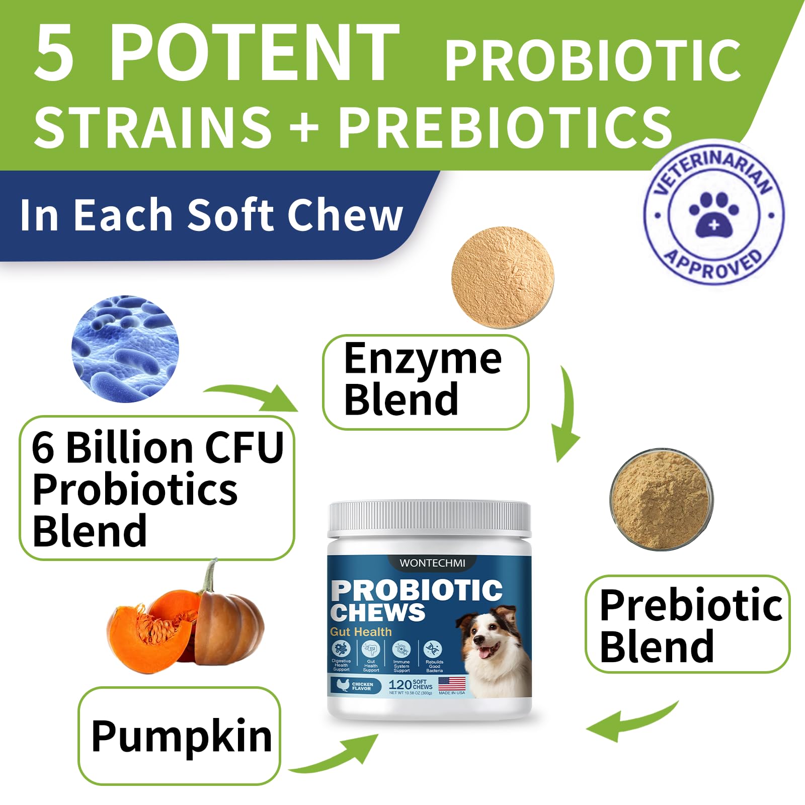 WONTECHMI Probiotics for Dogs ingredients label highlights premium components.