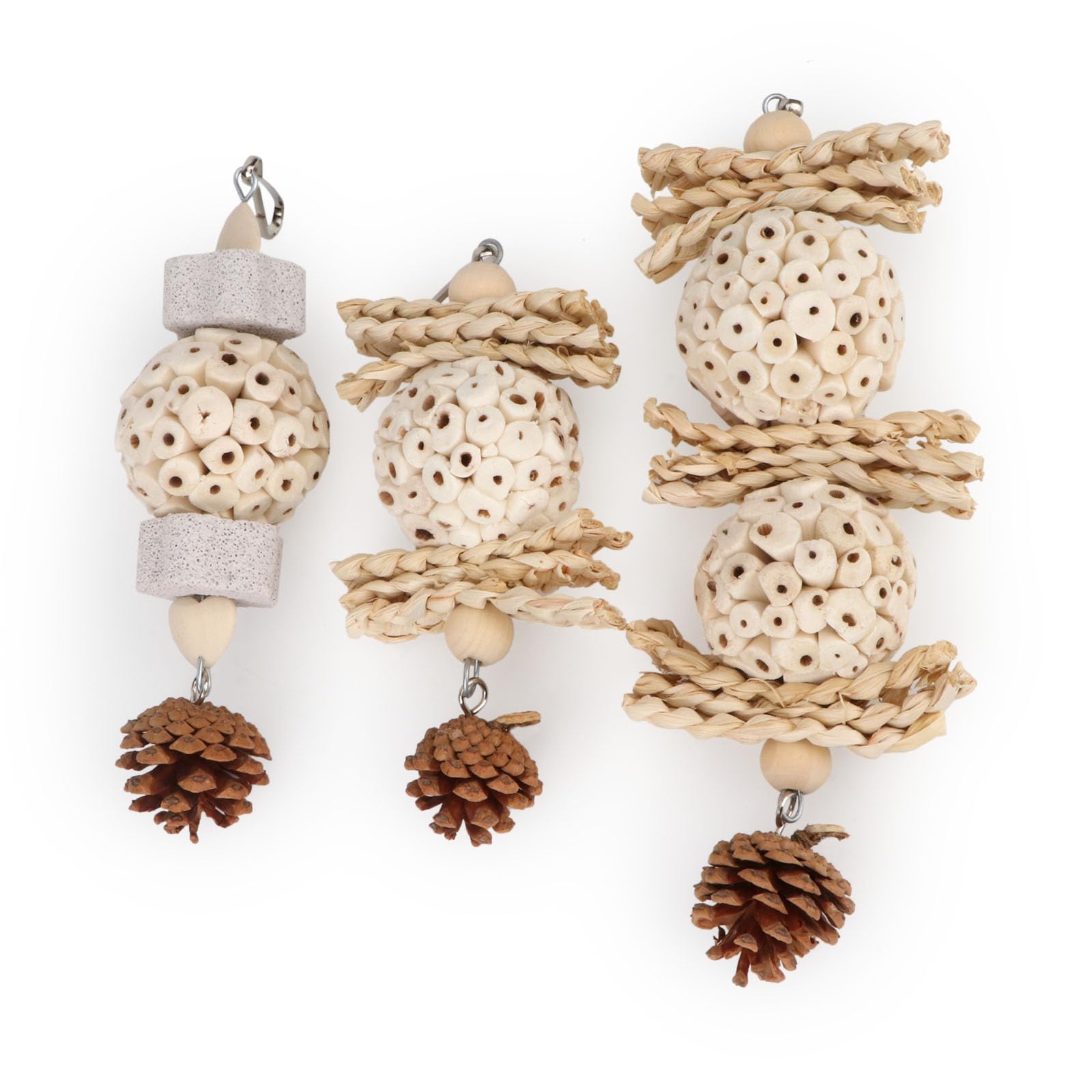 Wontee 3-pack parrot toys with hooks for easy cage setup.