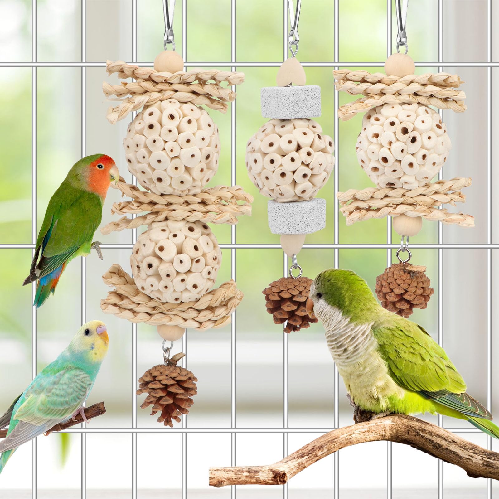Wontee sola ball natural chew toy made from plant stems for birds' enjoyment.