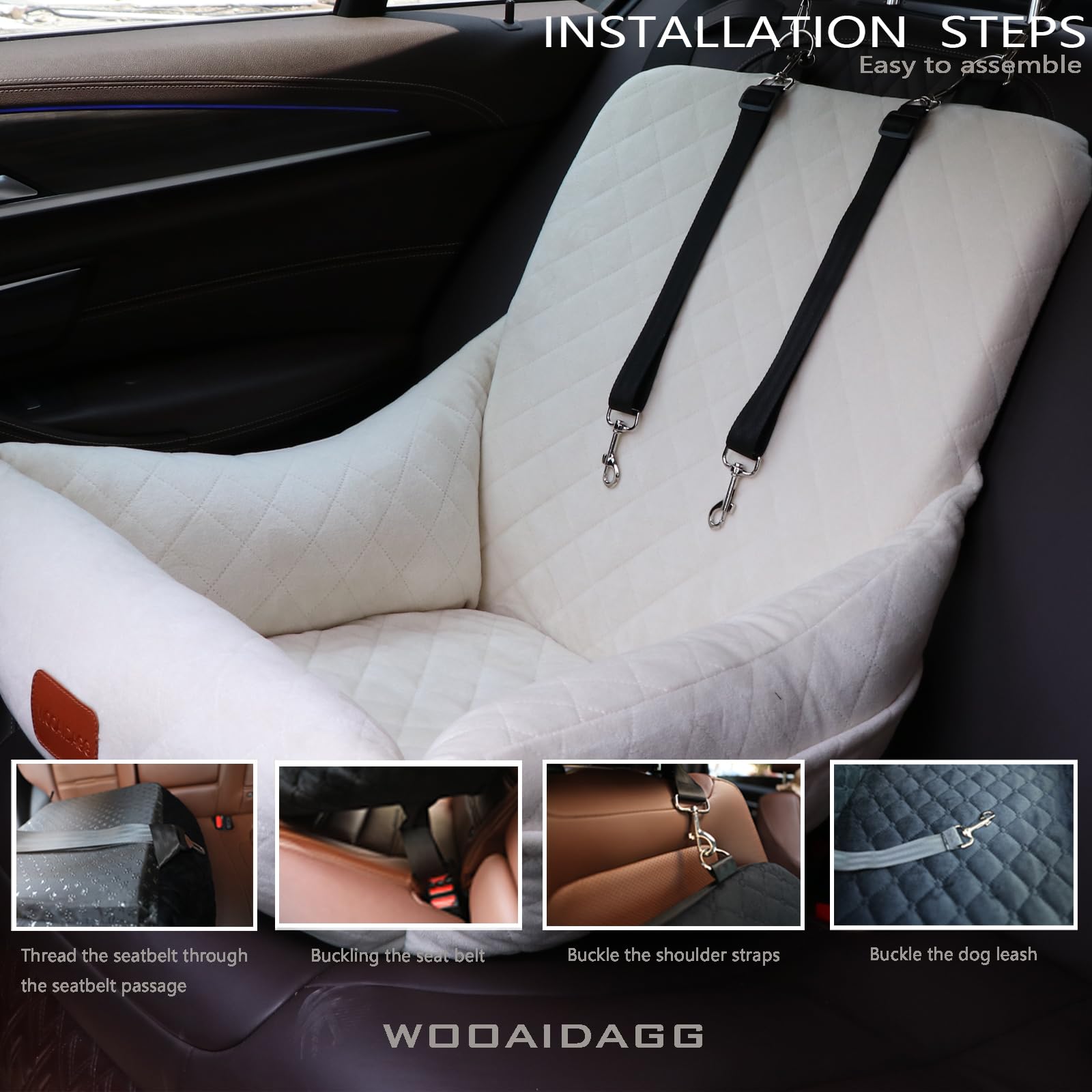 Wooaidagg dog car seat installation shown for front or rear use