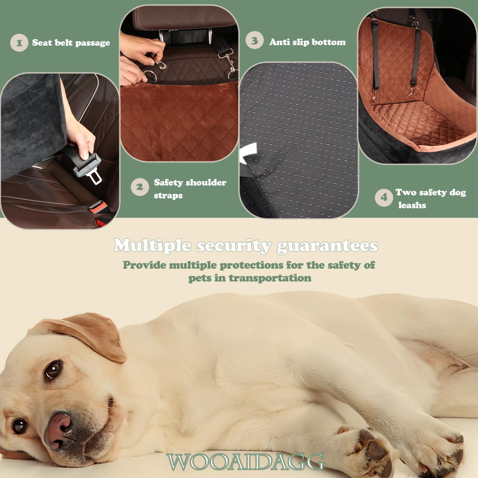 Wooaidagg seat with harness channel keeps leash aligned for safer travel.