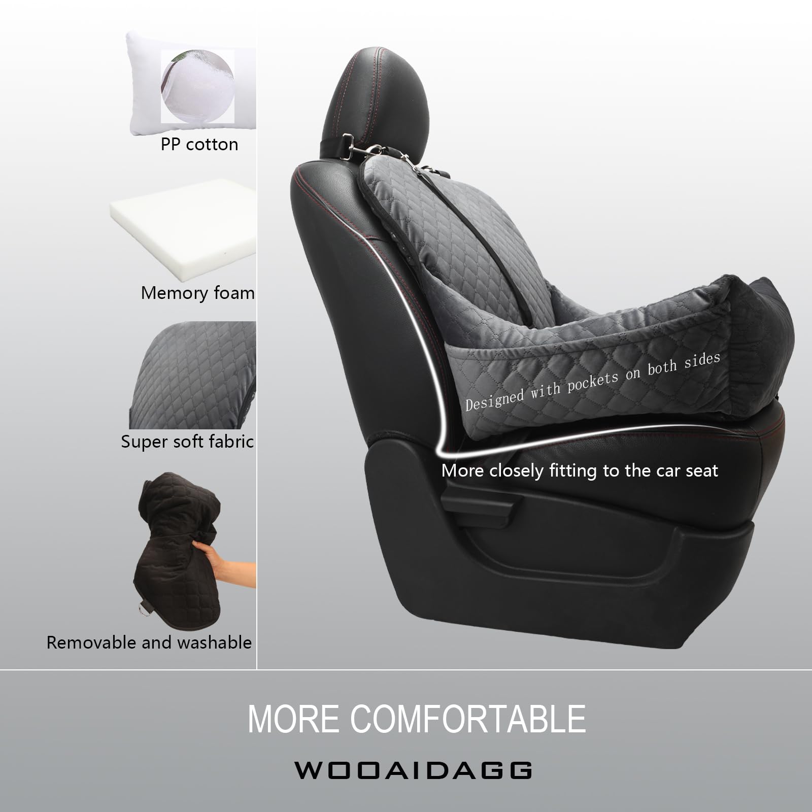 Wooaidagg dog car seat interior with memory foam cushion for comfort.