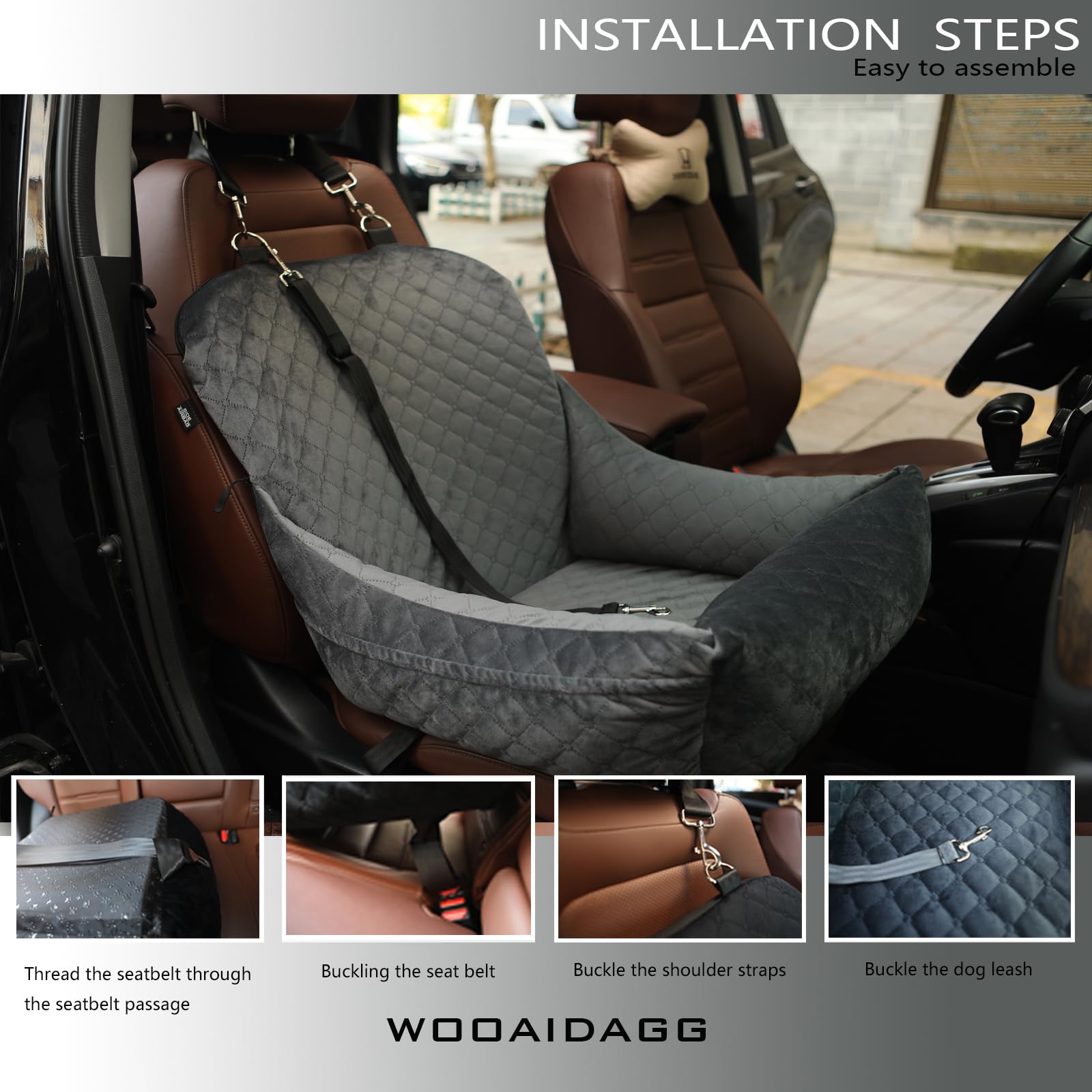 Wooaidagg dog car seat with two clip-on safety leashes for secure travel.