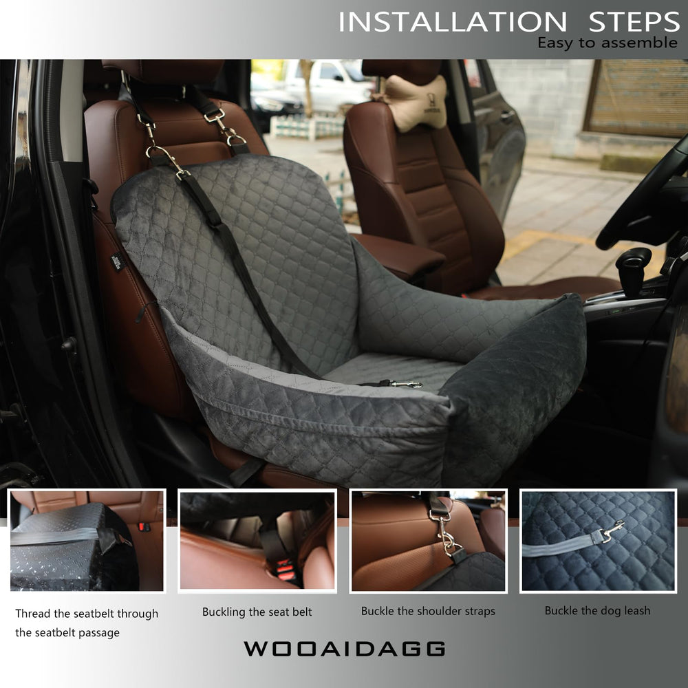 Wooaidagg dog car seat with two clip-on safety leashes for secure travel.