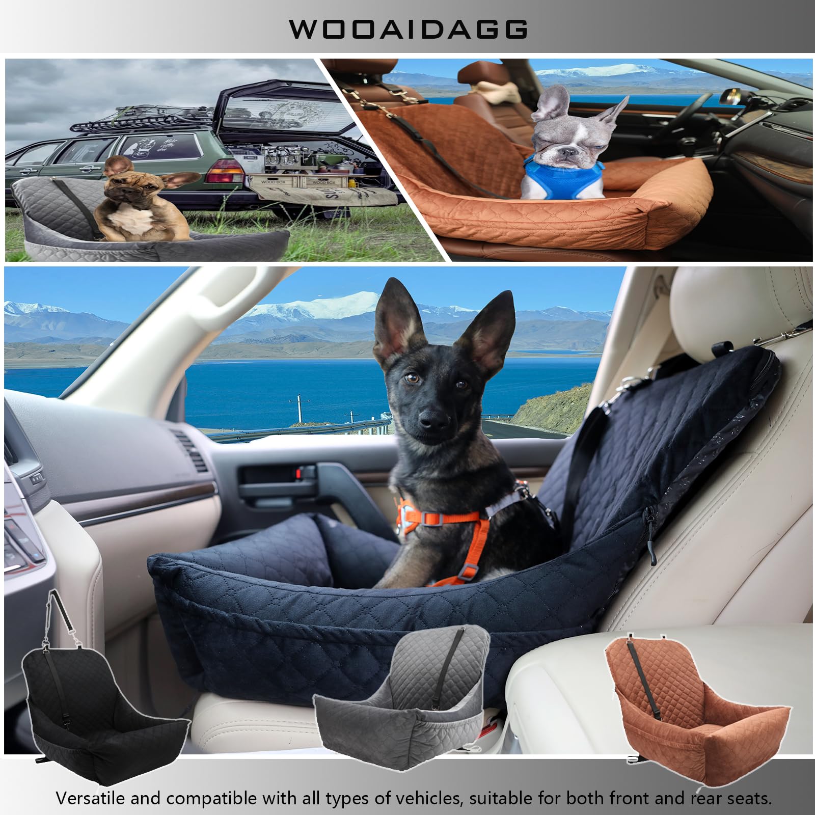 Wooaidagg dog car seat with built-in storage pockets for toys and treats.