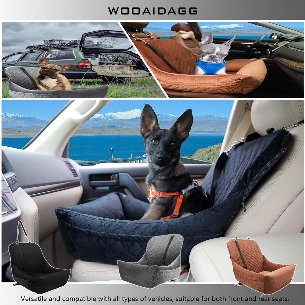 Wooaidagg dog car seat with built-in storage pockets for toys and treats.