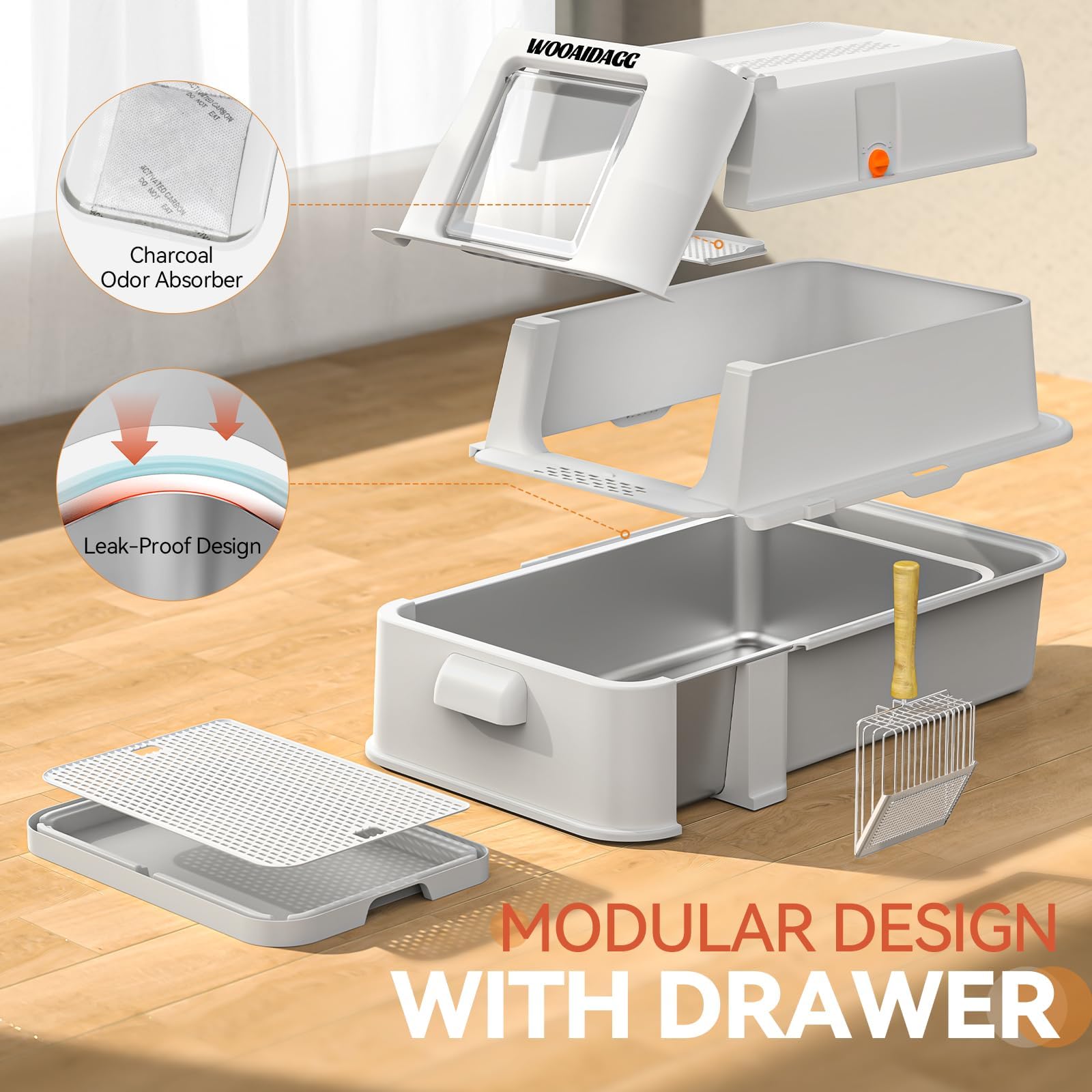 Wooaidagg stainless steel bottom tray resists stains and odors effectively