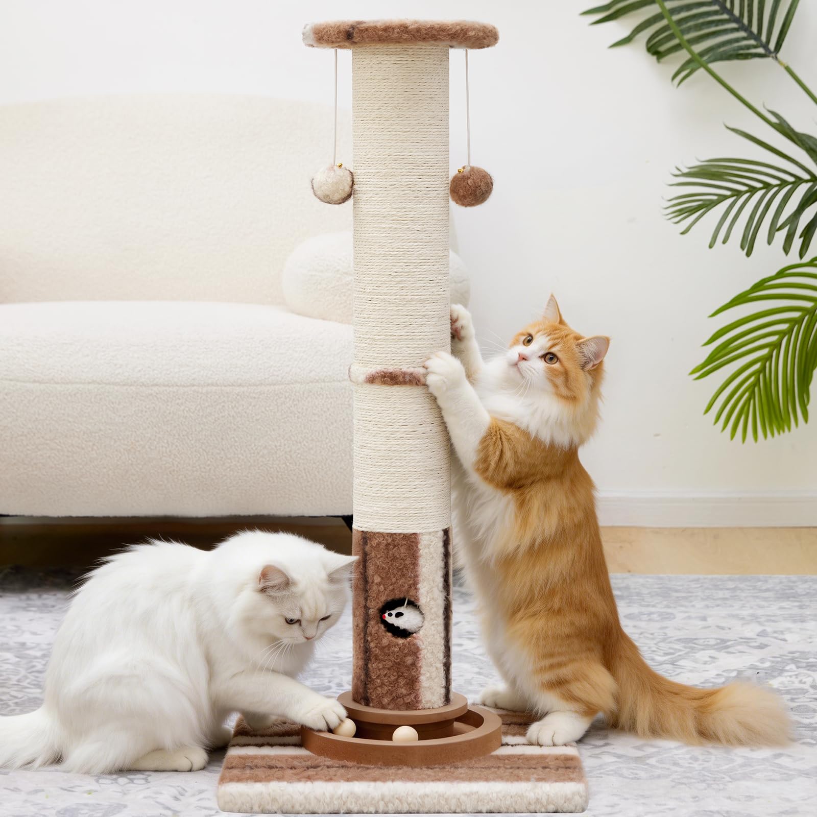 Woochpet ball track toy on tall cat post promotes interactive play.