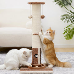 Woochpet ball track toy on tall cat post promotes interactive play.