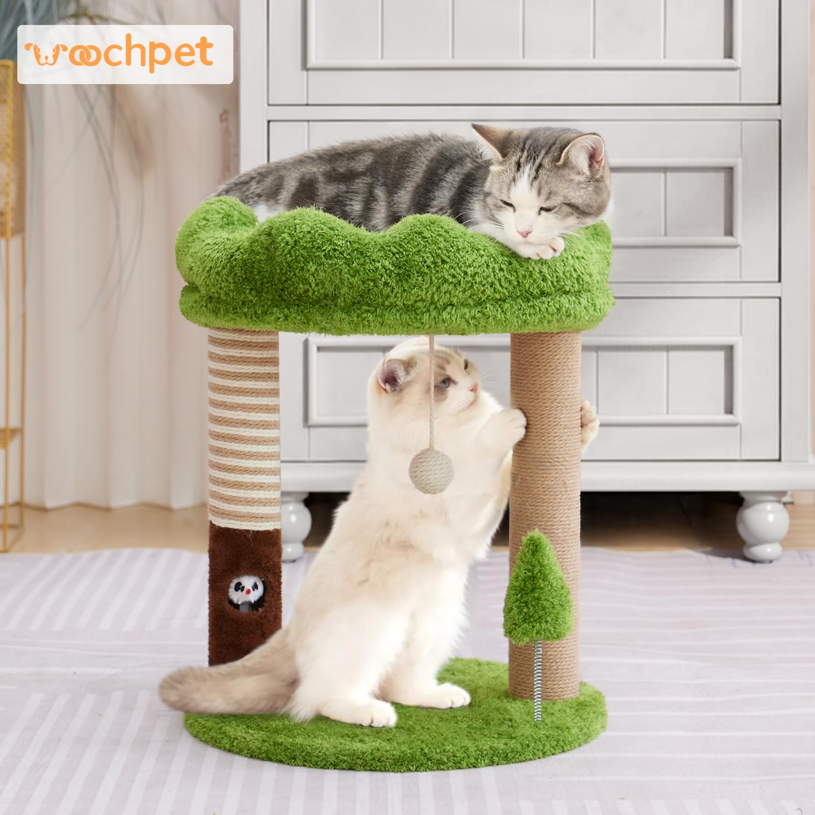 Woochpet cat tree with two sisal posts channels energy into healthy scratching.