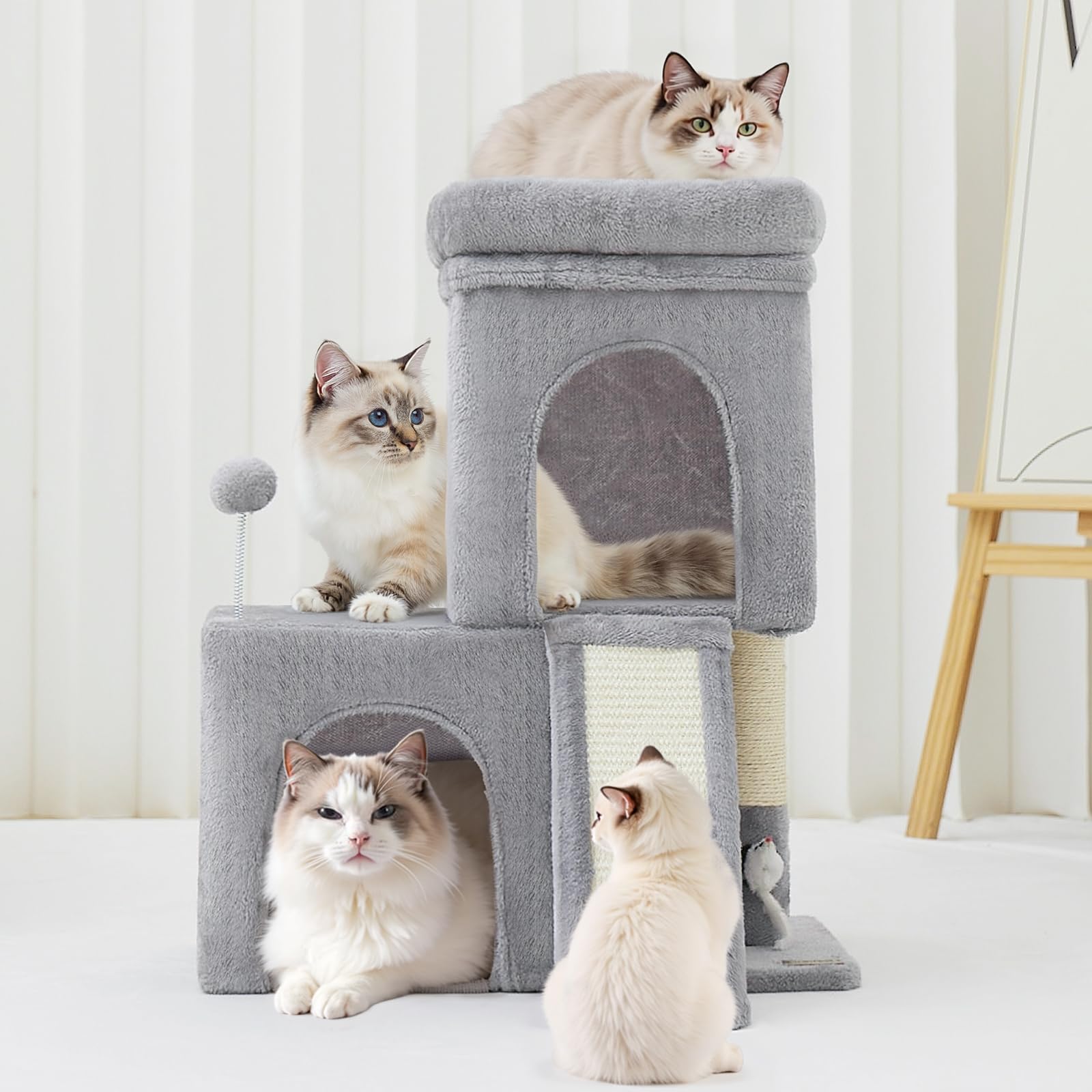 Woochpet double-decker condos provide cozy hiding spots for cats.