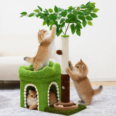 Woochpet green plant design cat tree with lifelike leaves in a stylish setting