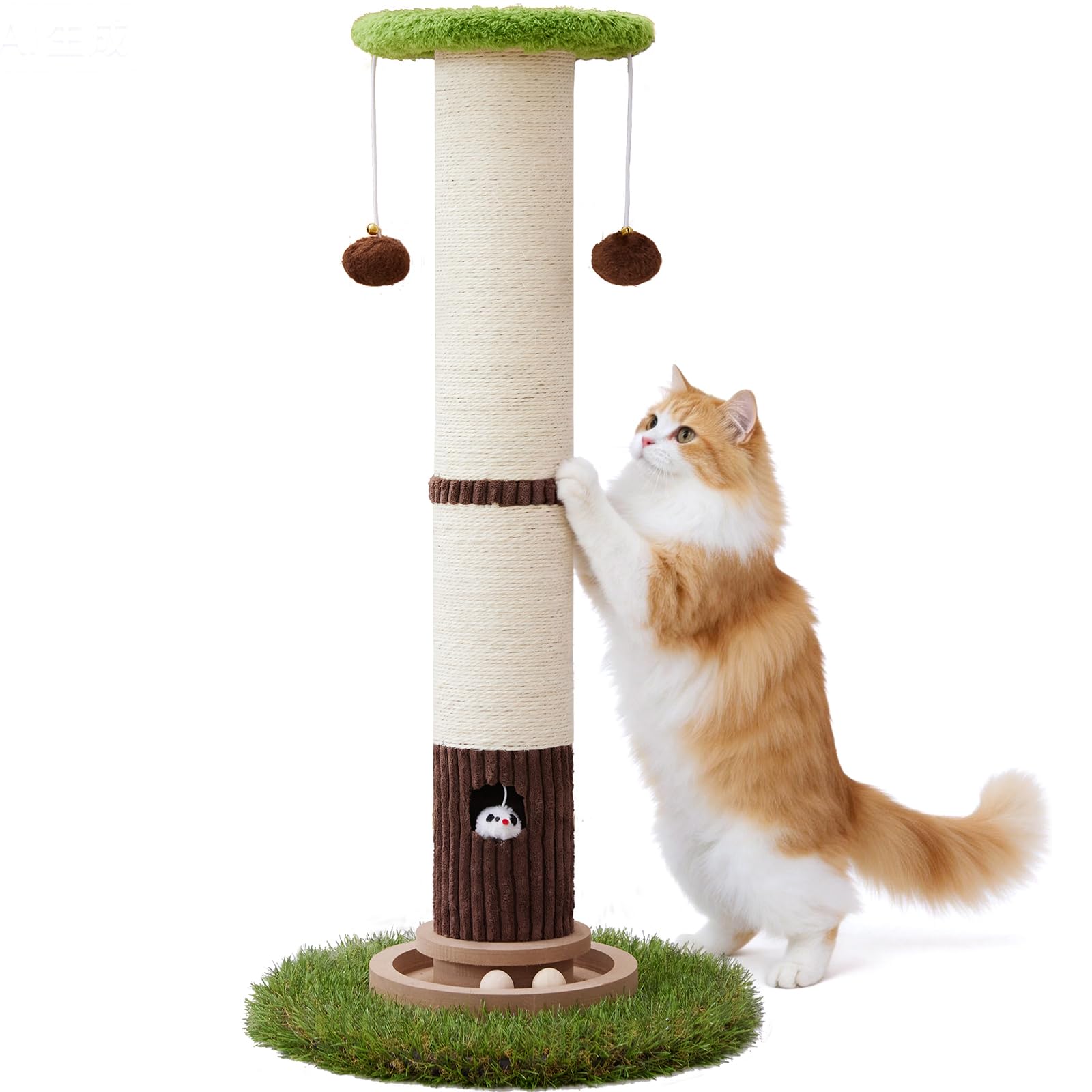 Woochpet scratch post with ball track toy promotes active play for indoor cats.