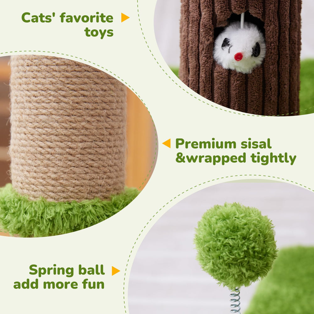 Woochpet scratching post with two hanging toys to boost playtime