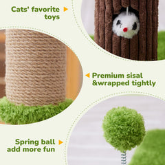 Woochpet scratching post with two hanging toys to boost playtime
