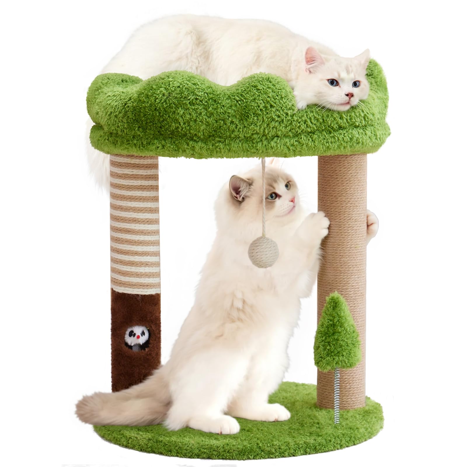 Woochpet small cat tree with green perch provides elevated play and cozy rest.