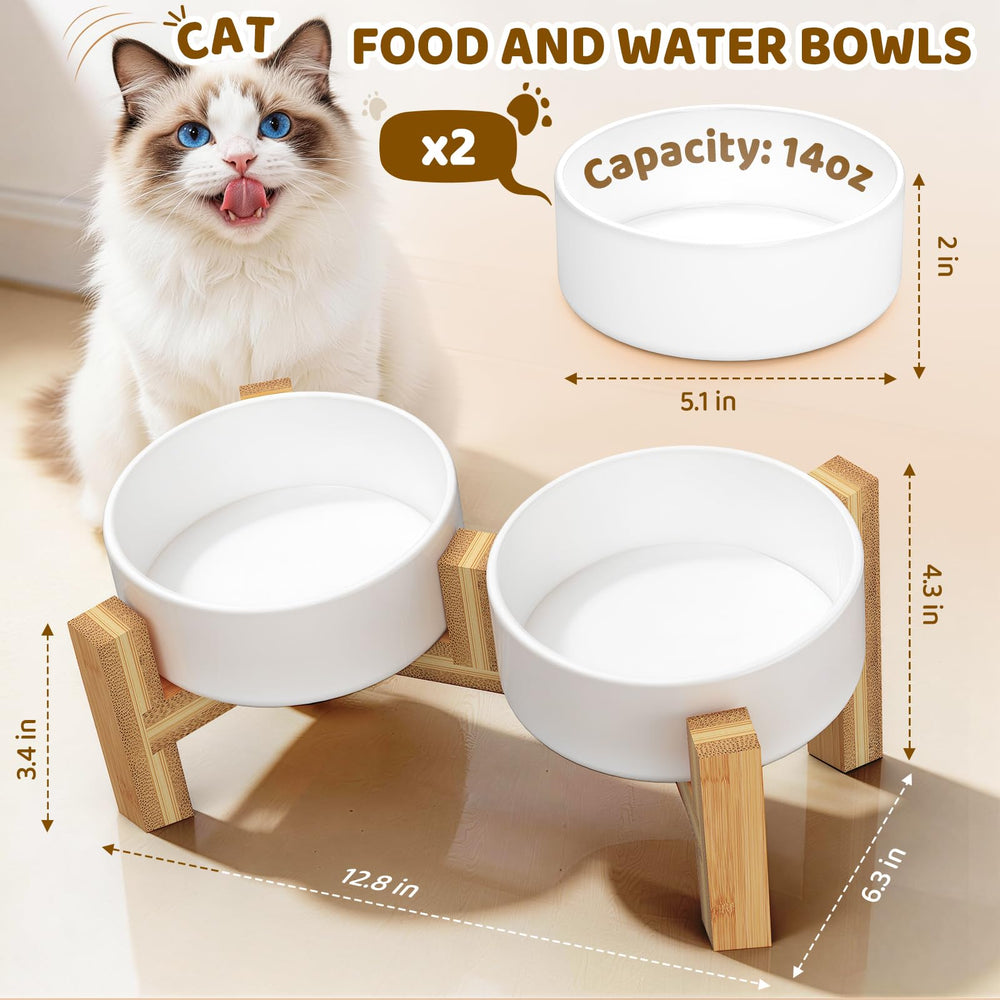 Woodever dual ceramic bowls, 14oz each, offer stable, mess-free mealtimes.