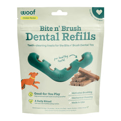 WOOF Bite n' Brush refill treats with dog toothbrush toy for at-home dental play.