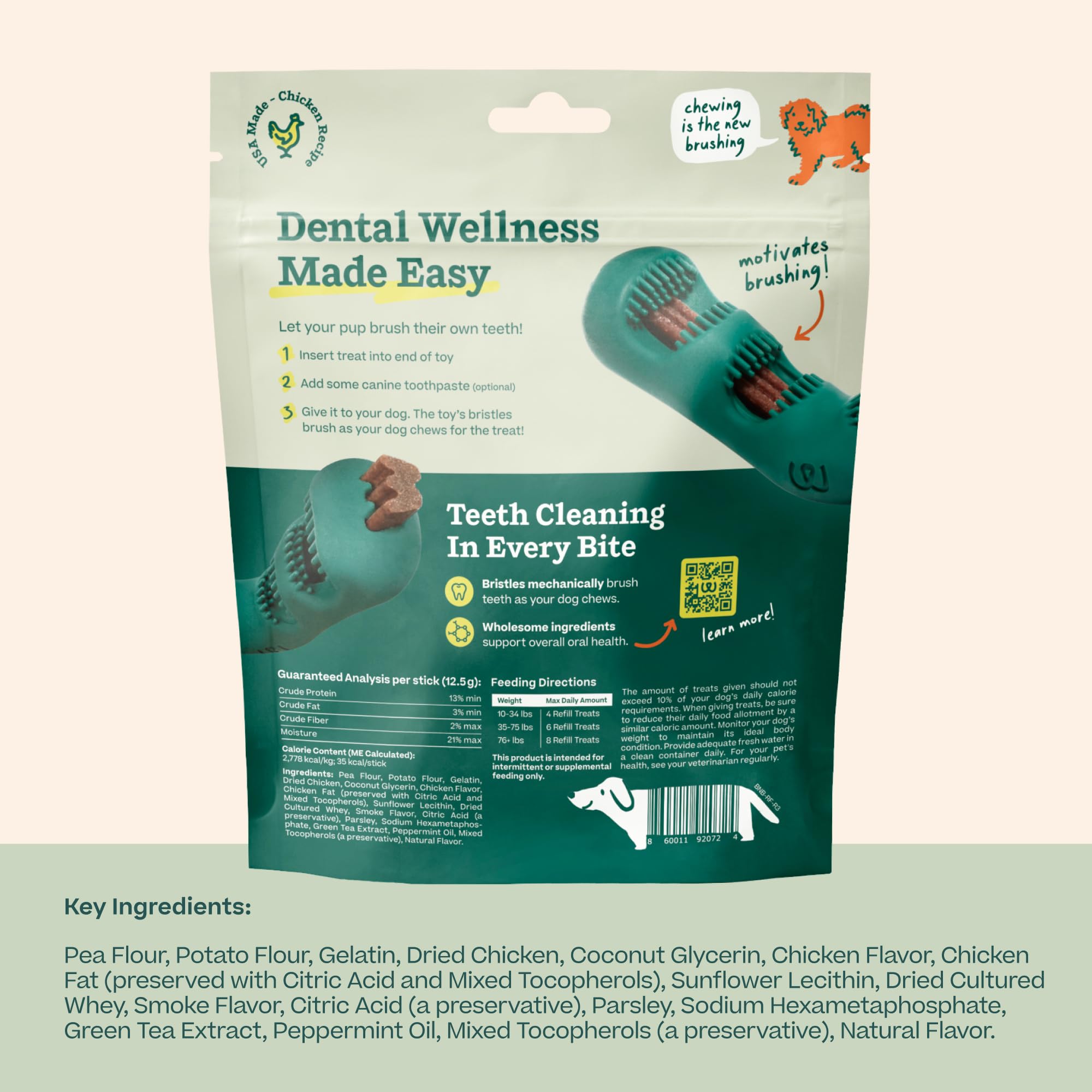 Refill packs shown beside chews highlighting parsley and chicken flavor for fresh-tasting cleaning.