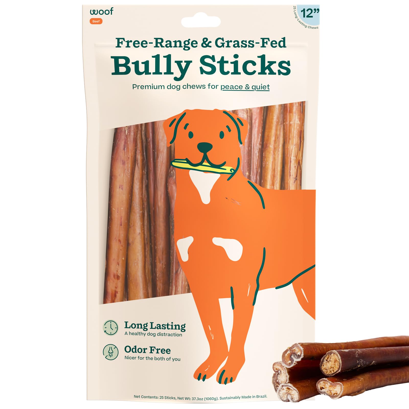 WOOF Bully Sticks 12in Pack – durable chew for long-lasting canine engagement.