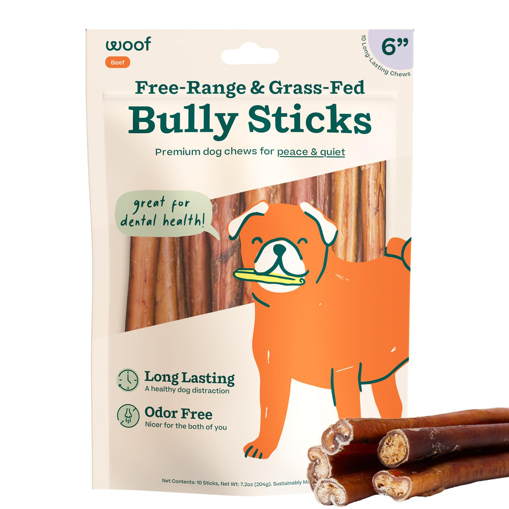WOOF Bully Sticks 6in Chew Stick 10-pack: long lasting enrichment for dogs