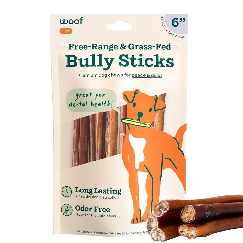 WOOF Bully Sticks 6in pack front view, long-lasting chew for enrichment.