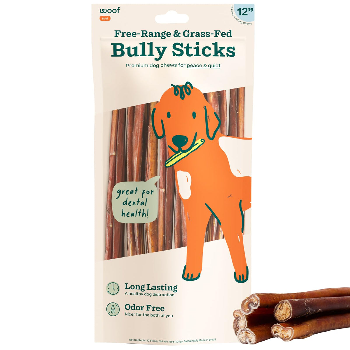 WOOF Bully Sticks 12-inch dog chews pack-10 for long-lasting enrichment.