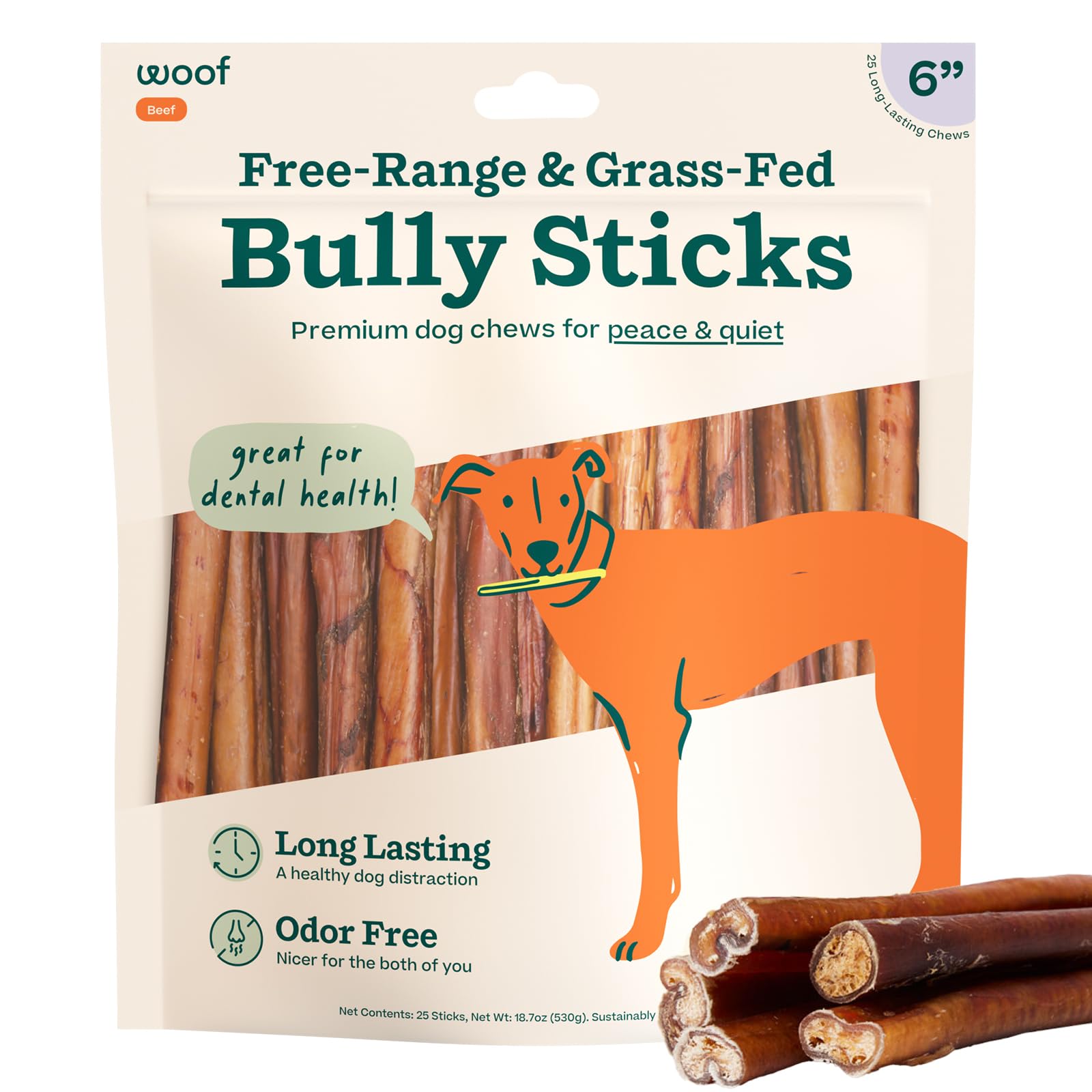 WOOF Bully Sticks packaging showcasing premium free-range beef chews.