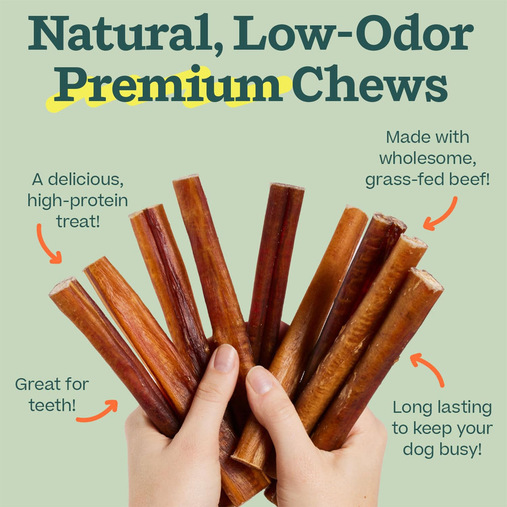 WOOF Bully Sticks help clean teeth as dogs chew.