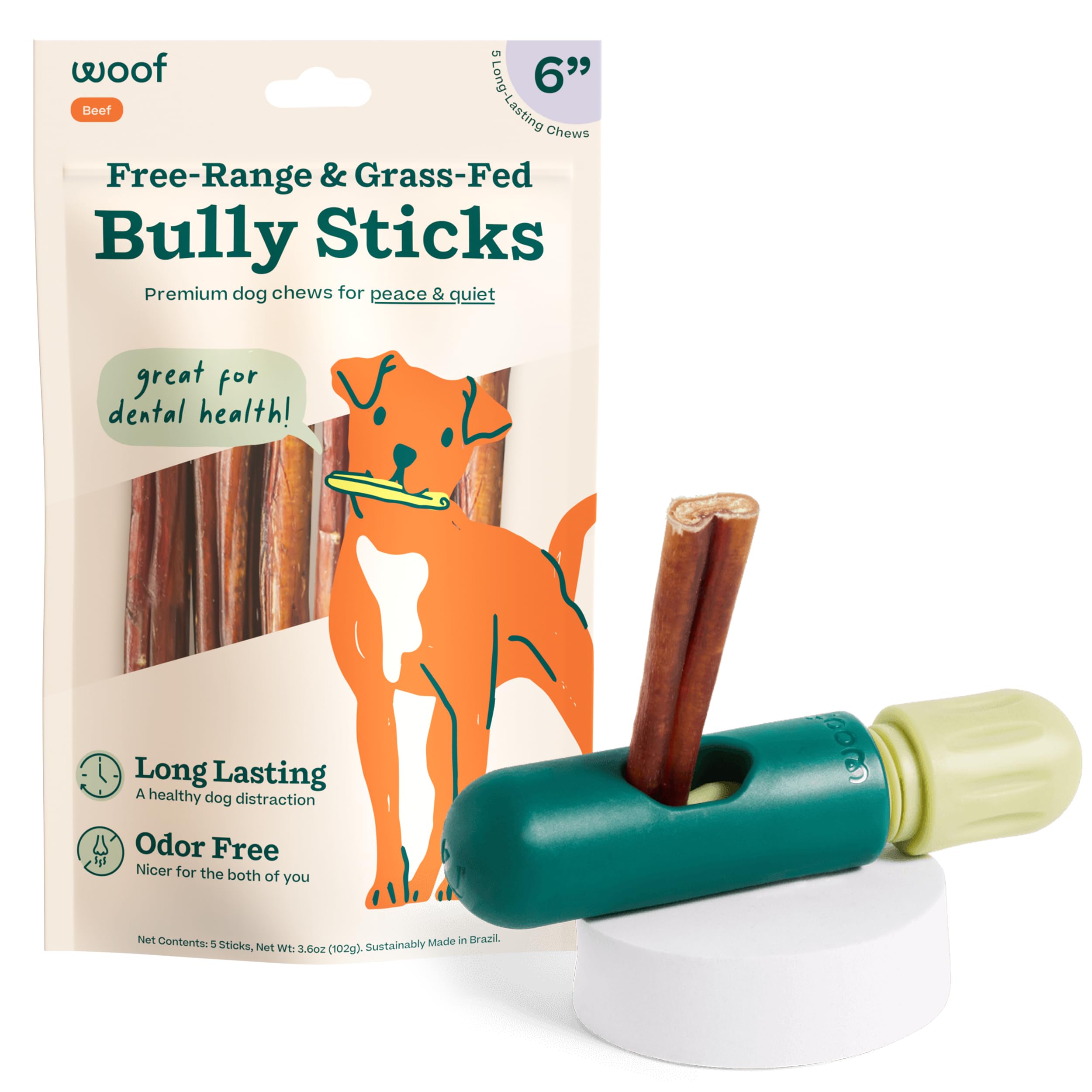 WOOF BullySafe holder assembly secures chews for safer, longer play.
