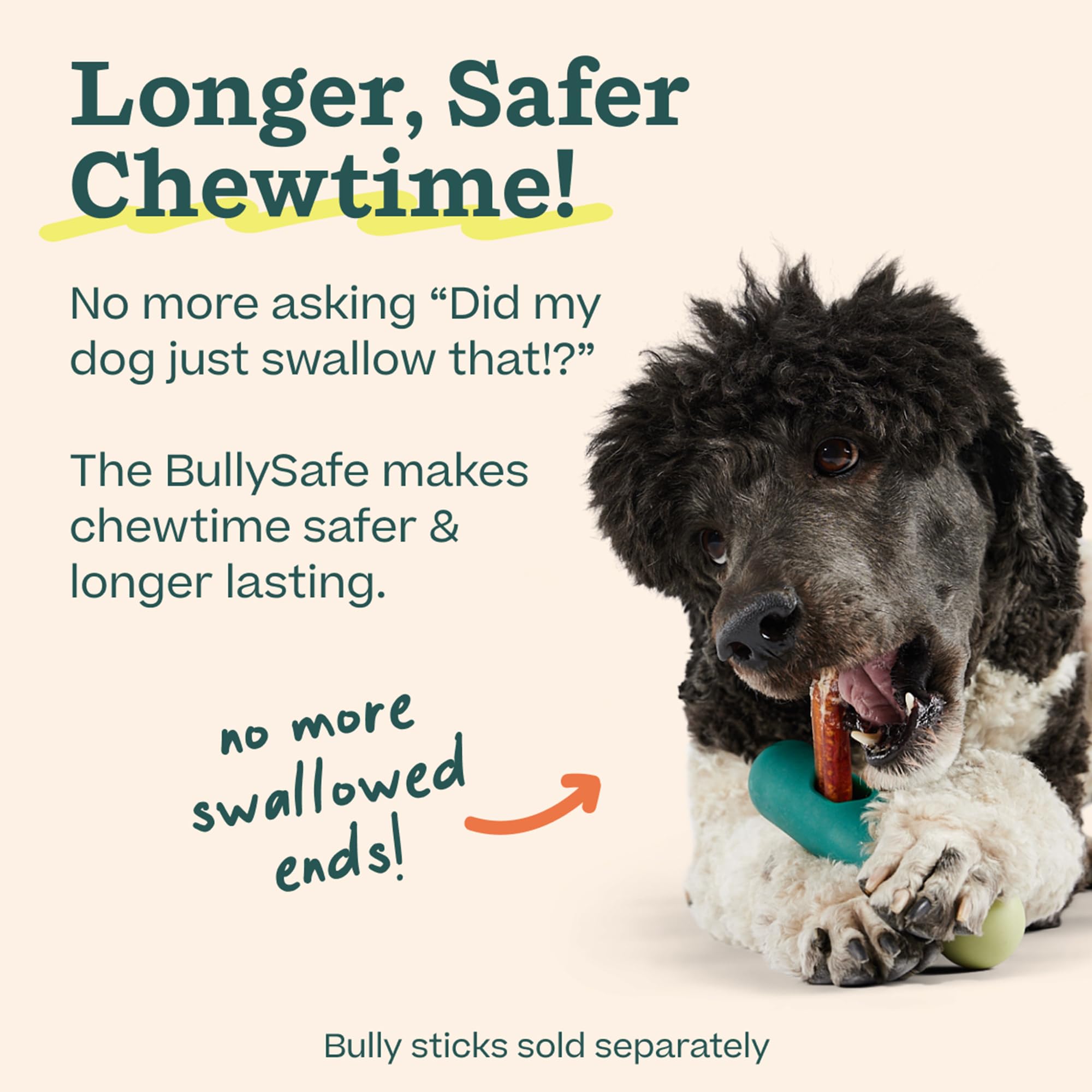 WOOF BullySafe secure-cap preserves chew ends, reducing swallowing risk during play.