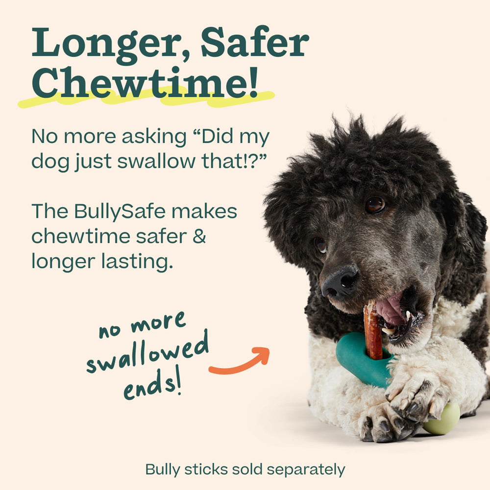 WOOF BullySafe secure-cap preserves chew ends, reducing swallowing risk during play.