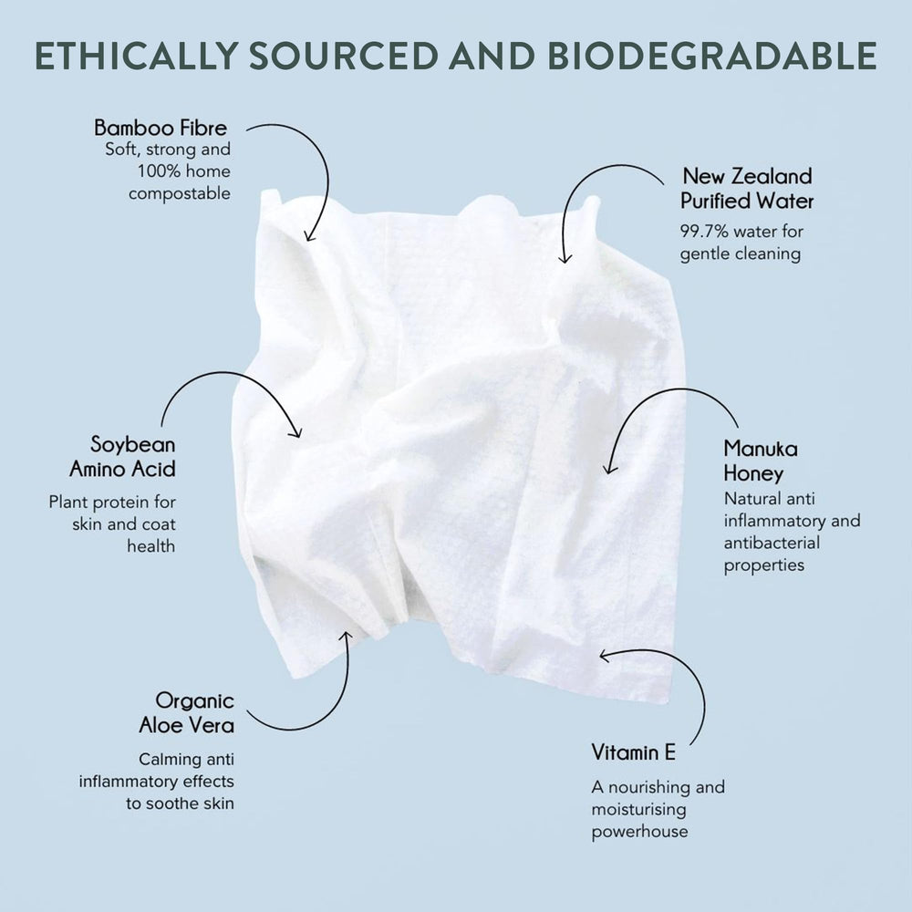 Woof Dog Wipes for paws, quick dirt and odor control on walks.