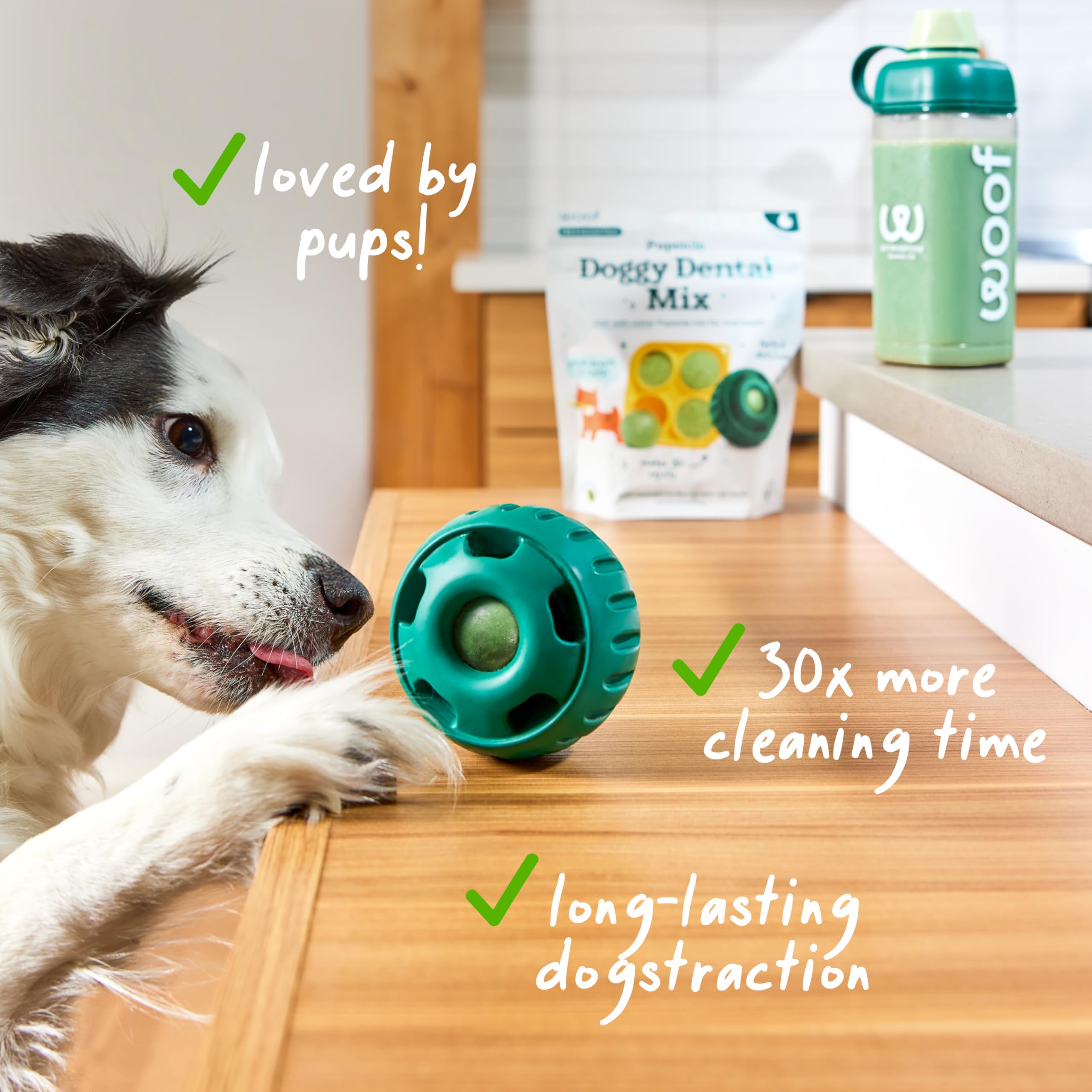 Woof Doggy Dental Pupsicle Mix beside a treat bowl for daily ritual