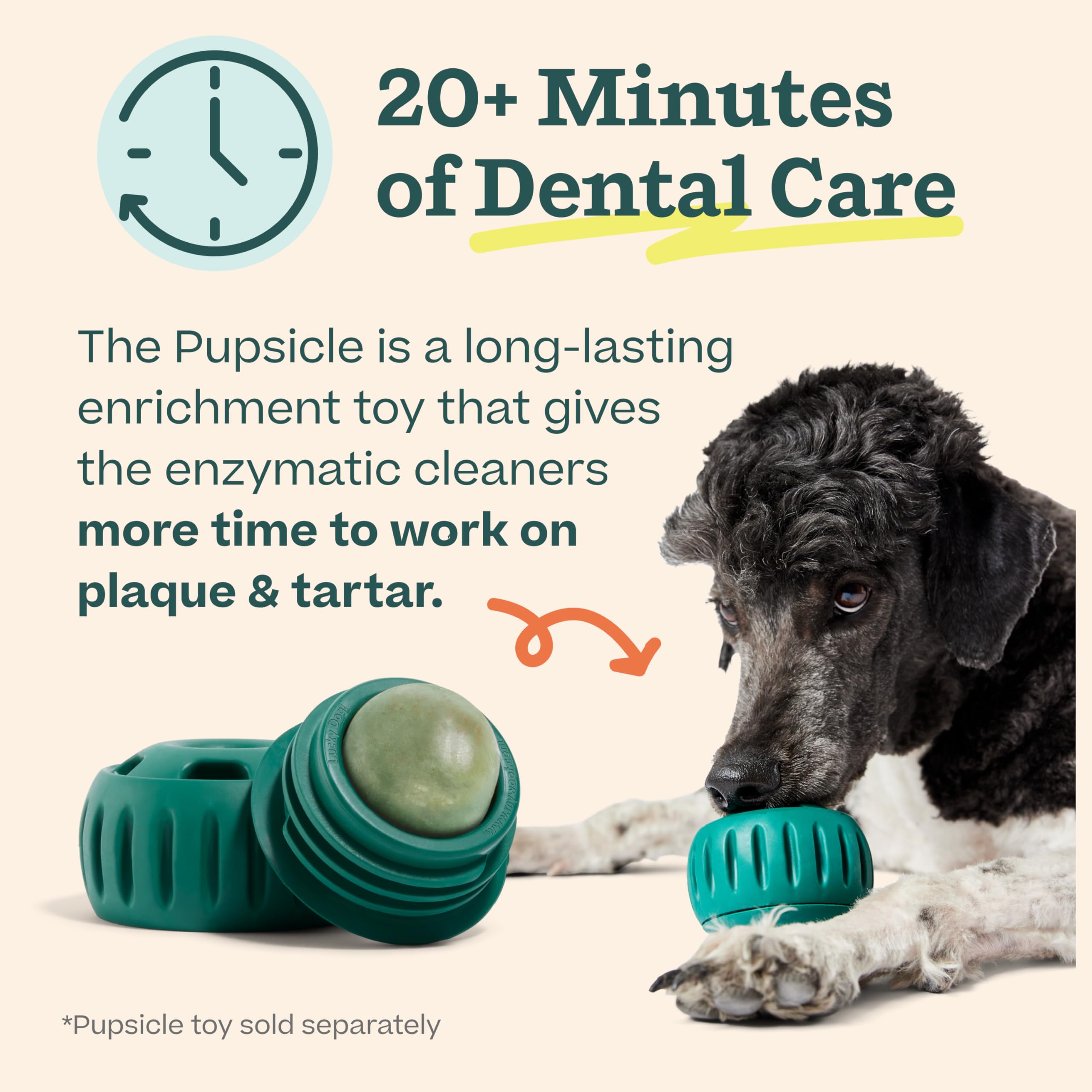 Woof Doggy Dental Pupsicle Mix paired with Pupsicle extends chew time for dental care