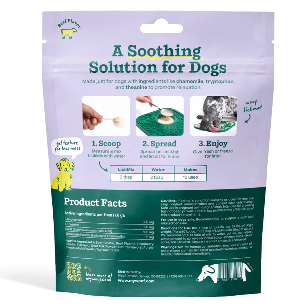 WOOF LickMixes meal topper served with water in a pre-portioned bowl.