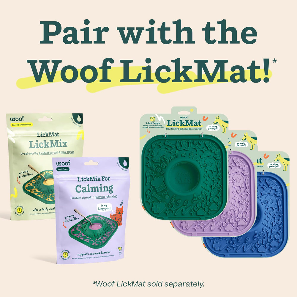 Two bowls and lick mat setup for a calming mealtime.