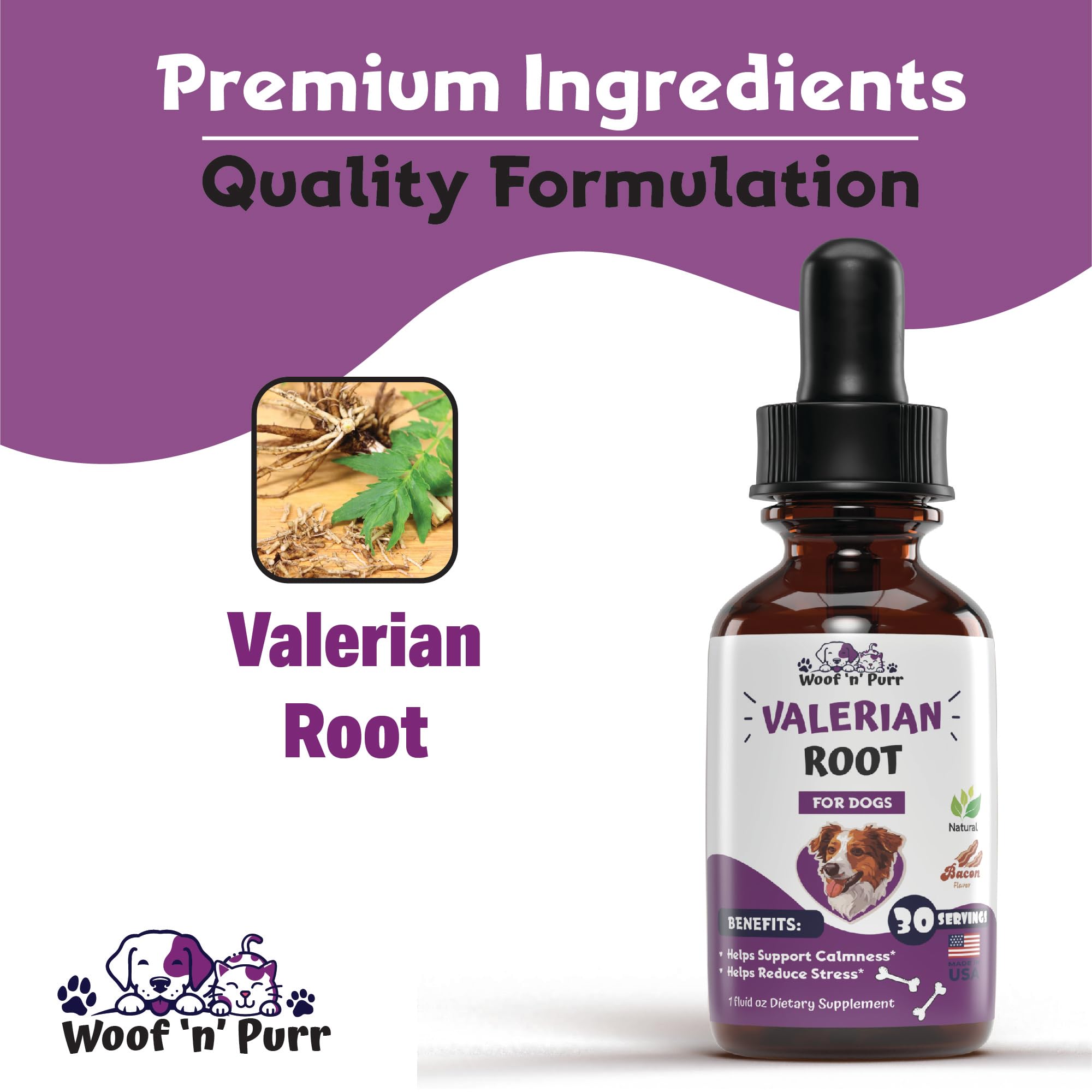 Woof n Purr calming tincture packaging highlighting valerian root for stress relief.