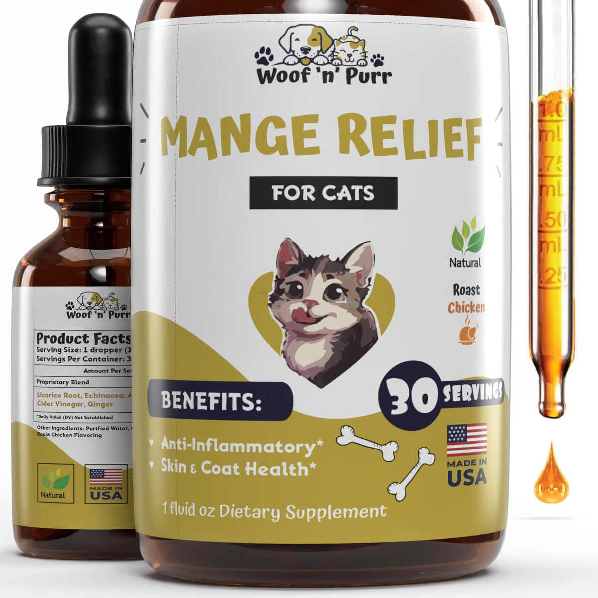 Woof 'n' Purr cat mange treatment bottle soothes irritated skin.