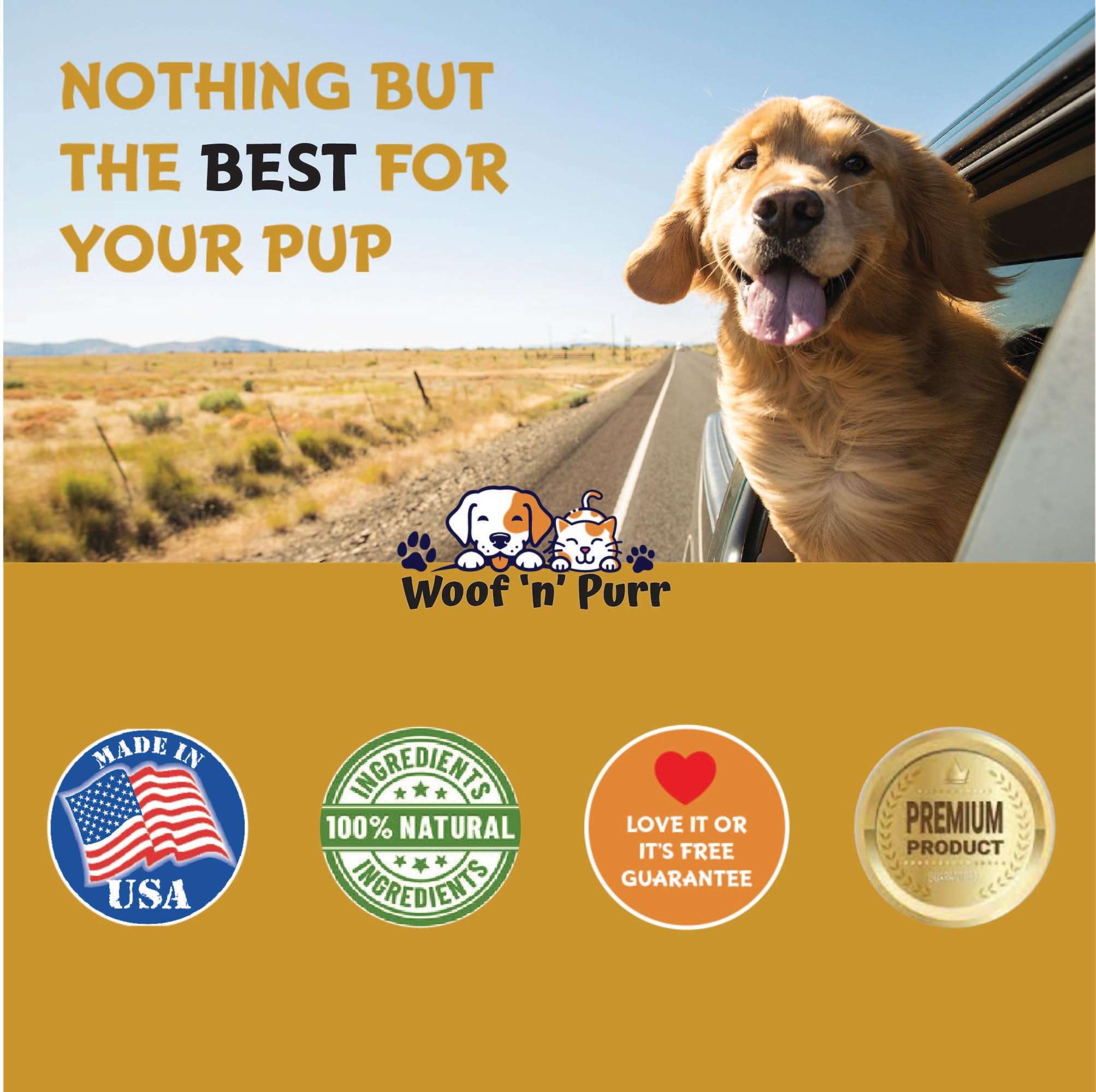 Woof 'n' Purr bottle with cap shows clear dosage and safe storage.