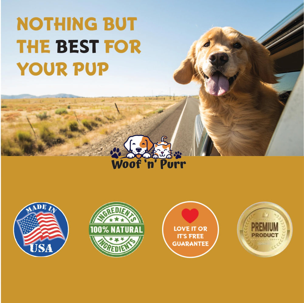 Woof 'n' Purr bottle with cap shows clear dosage and safe storage.