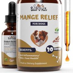 Woof 'n' Purr dog mange treatment bottle for fast, gentle itch relief.
