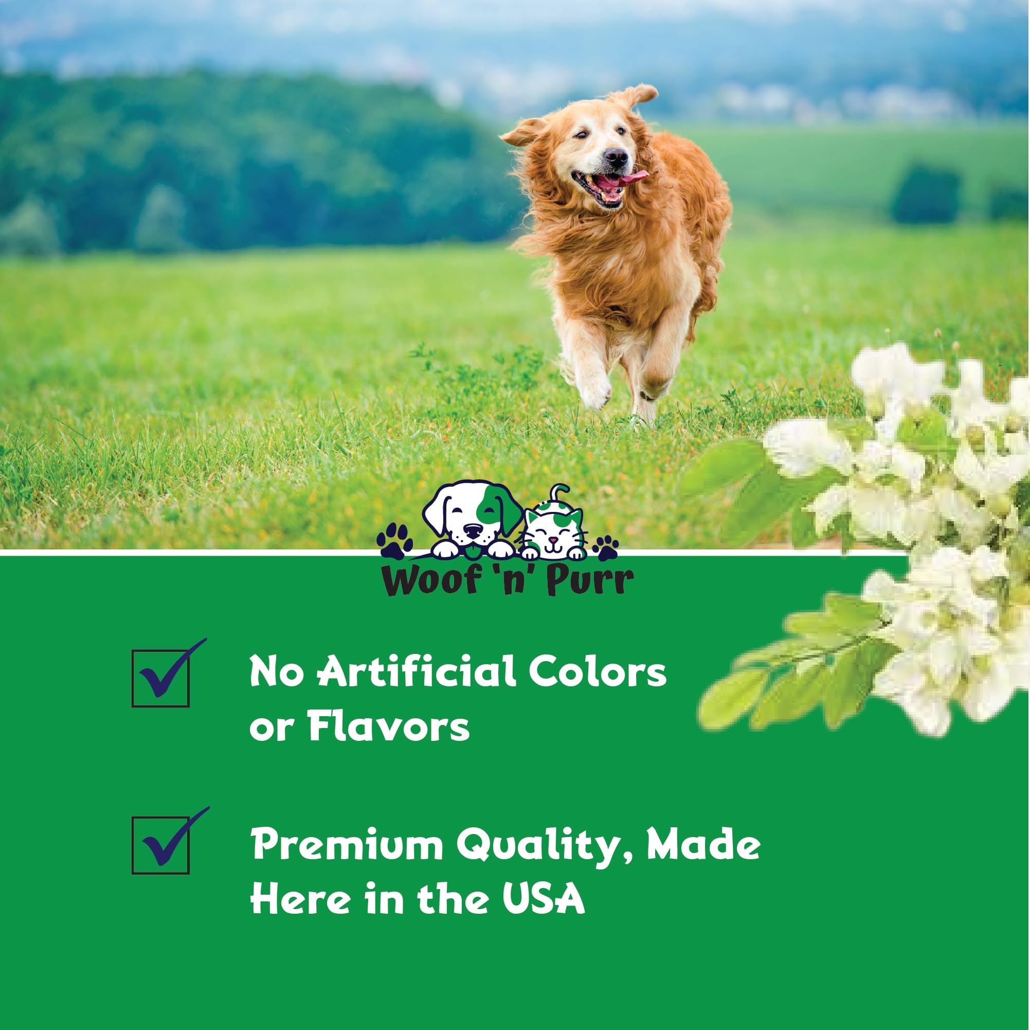 Woof 'n' Purr ingredient blend graphic highlights digestive support.