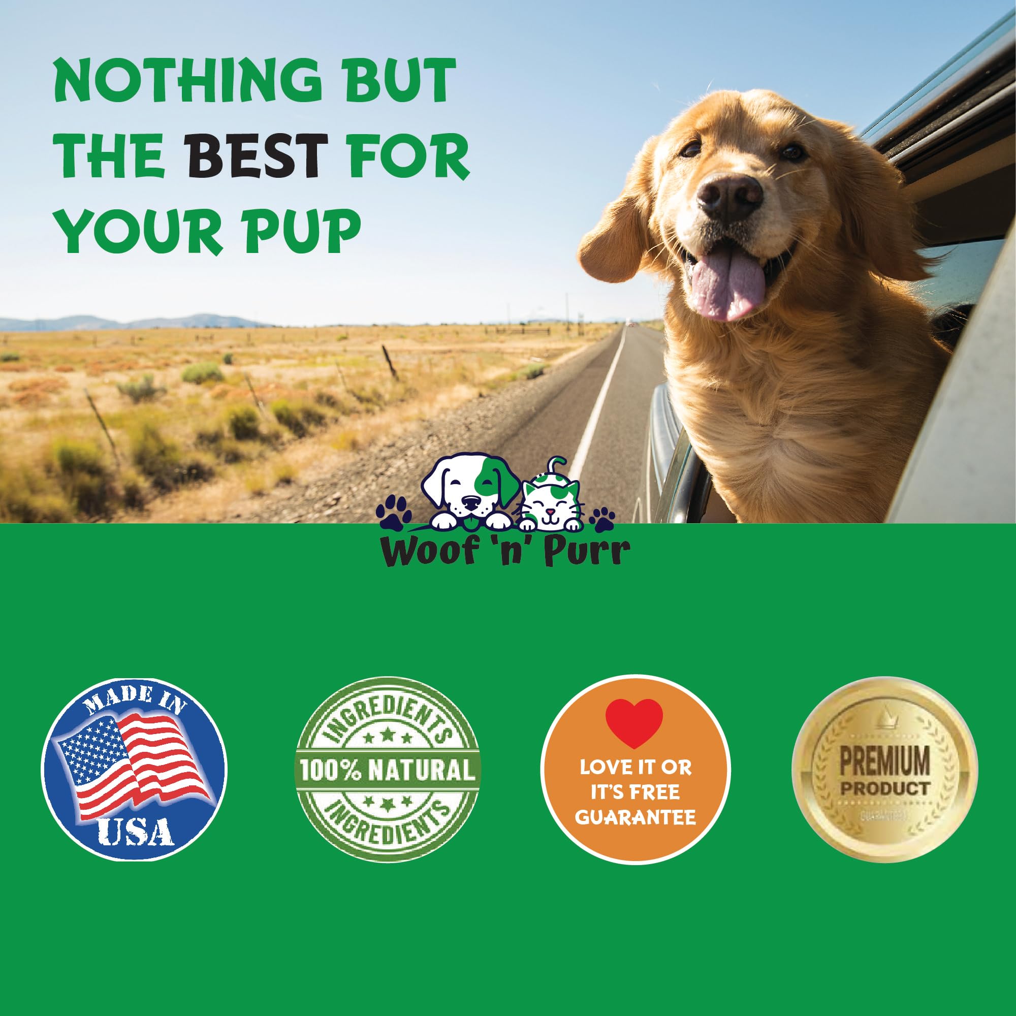 Woof 'n' Purr label close-up emphasizes quality.