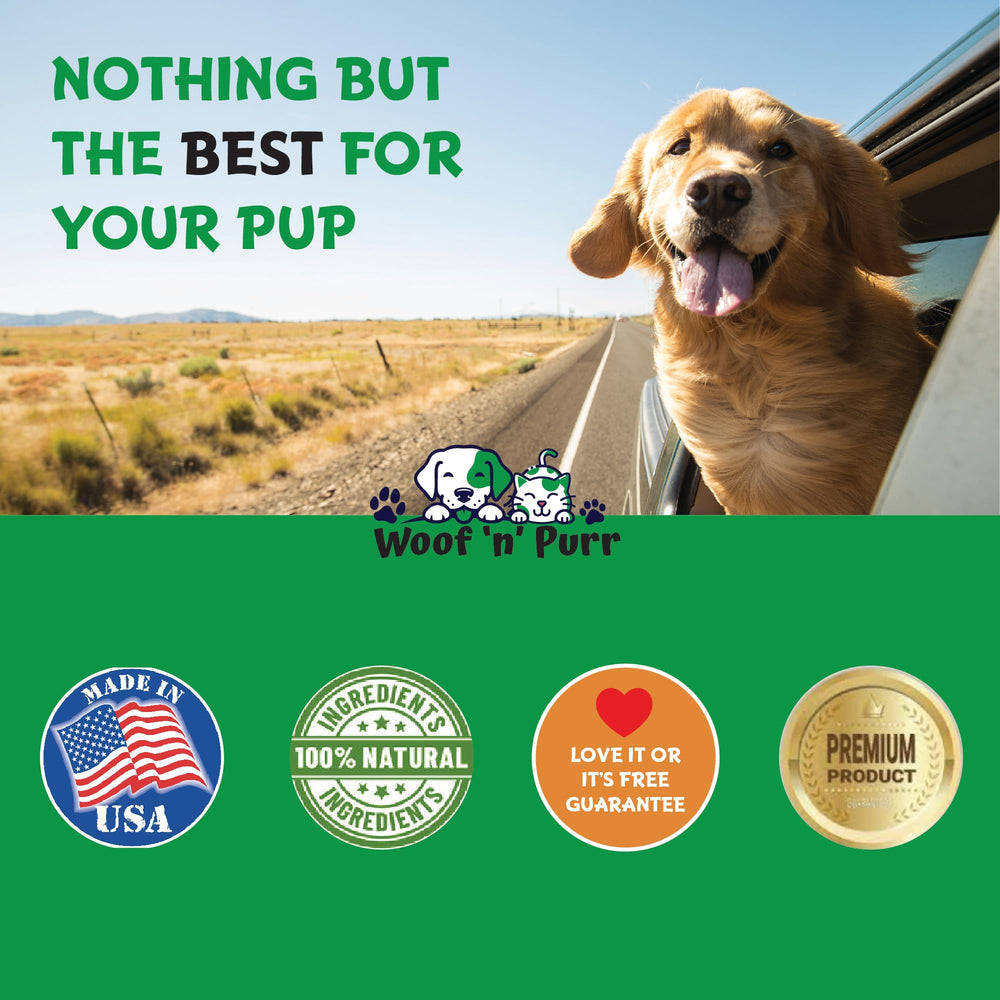 Woof 'n' Purr label close-up emphasizes quality.
