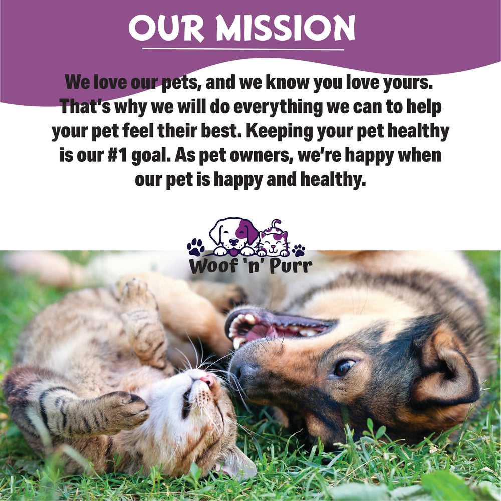 Woof n Purr label close-up shows premium ingredients and dosing guidance.