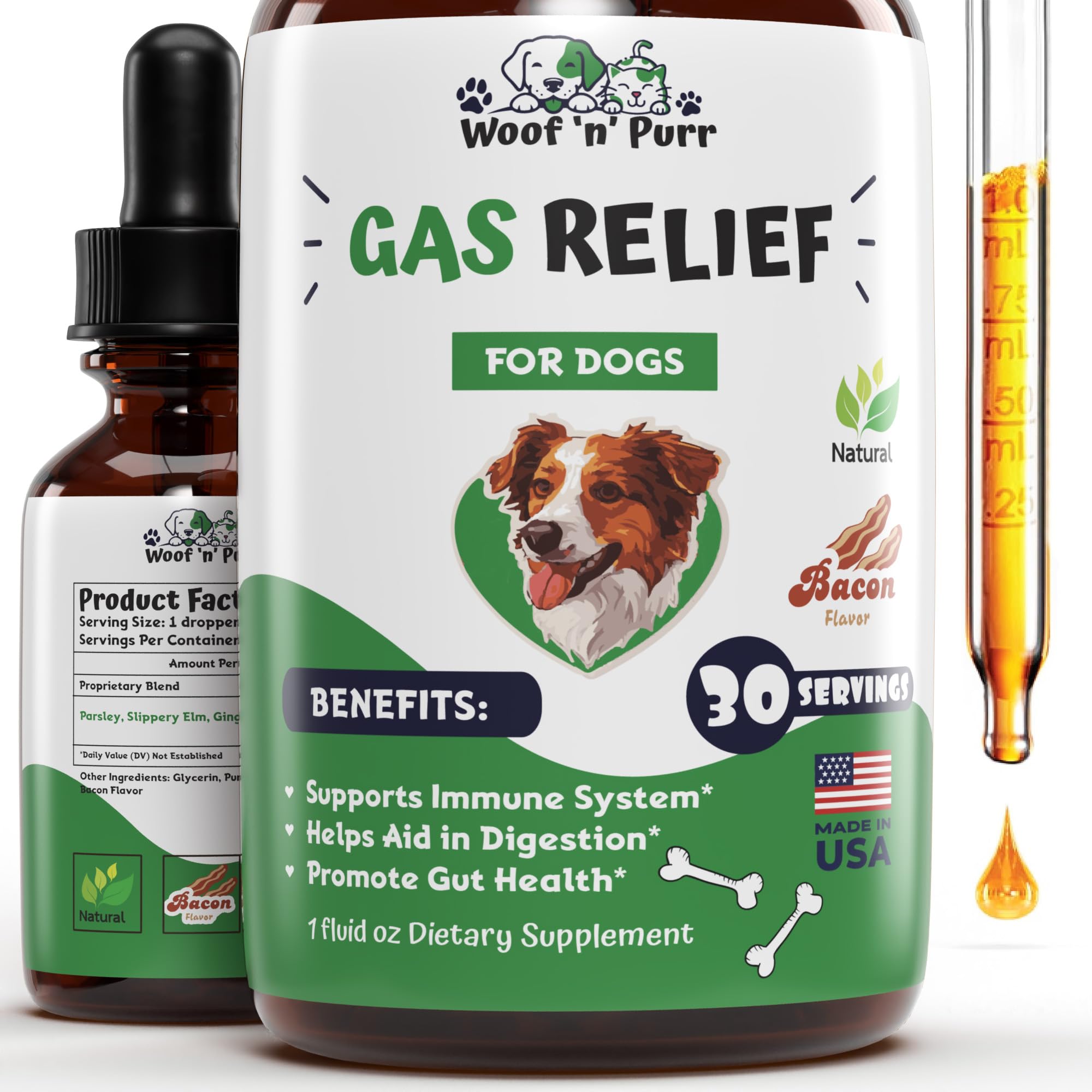 Woof 'n' Purr natural gas relief bottle supports easier digestion.